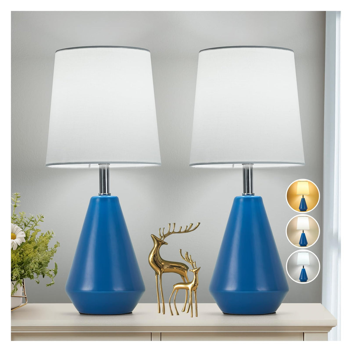 Small Bedside Table Lamp for Bedroom - Reading Desk Lamp with 3 Color Temperatures，15.5" Nightstand Ceramic Lamp with Fabric Shade for Kids Room,Living Room,Dorm,Home Office (White)