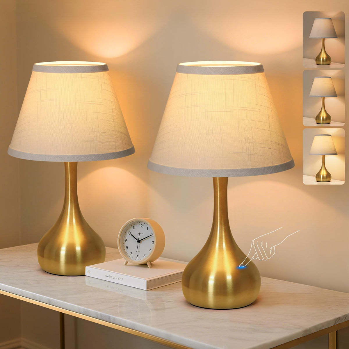 Touch Table Lamp for Bedroom Set of 2, 3-Way Dimmable Bedside Lamp for Nightstand, 17” Modern Metal Desk Lamp with Linen Shade for Living Room, Kids Reading, Dorm, Home Office Decor, Bulb Included