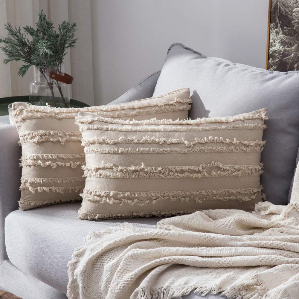 MIULEE Boho Linen Striped Throw Pillow Covers 16x16, Light Blue