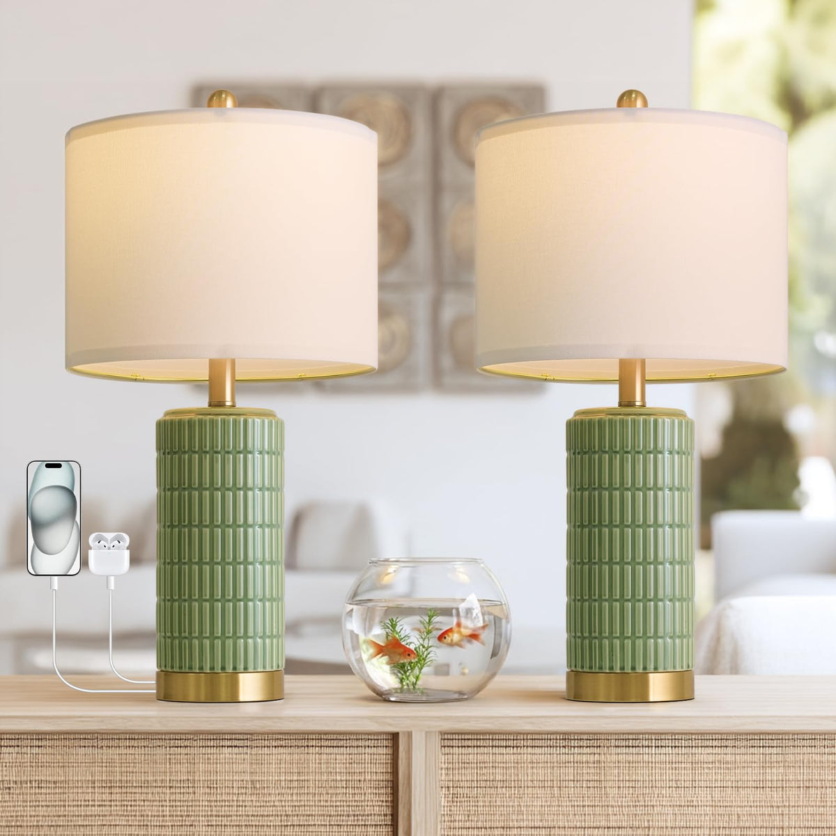 PoKat 20.75" Small Modern Ceramic Table Lamps Set of 2 for Bedroom, White