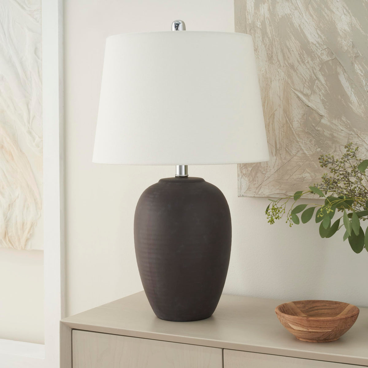 Nourison Home 23" Greyish Brown Earth Tone Rustic Farmhouse Ceramic Table Lamp for Bedroom, Living Room, Dining, Office, with Beige Linen Shade