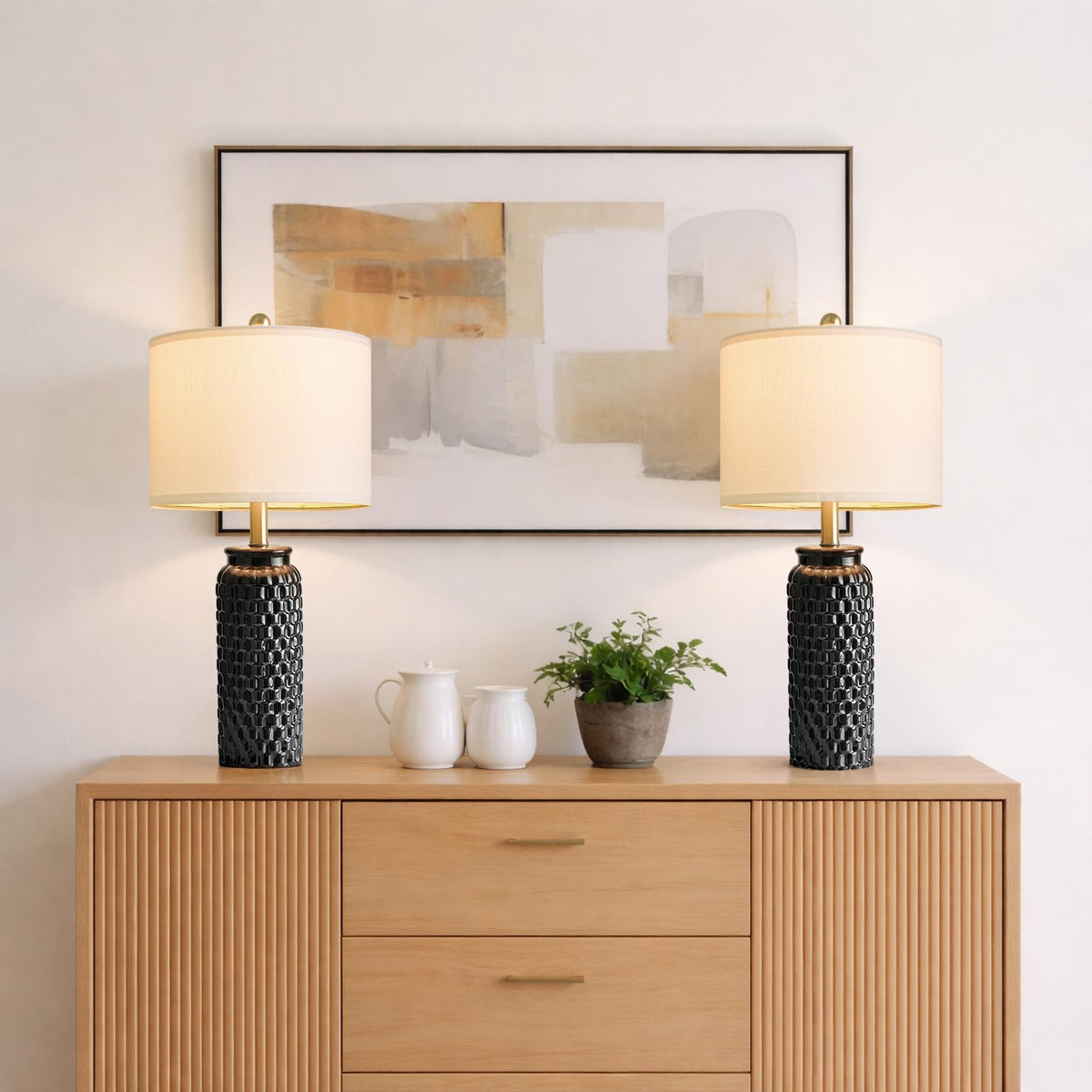 USumkky 24" White Oval Ceramic Table Lamp Set of 2, Modern Minimalist Bedside Nightstand Lamps for Bedroom Living Room, Linen Shade & Gold Metal Base, Rotary Switch E26 (Bulbs Excluded)