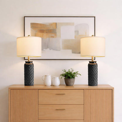 USumkky 24" White Oval Ceramic Table Lamp Set of 2, Modern Minimalist Bedside Nightstand Lamps for Bedroom Living Room, Linen Shade & Gold Metal Base, Rotary Switch E26 (Bulbs Excluded)