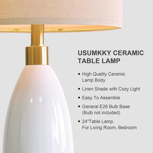 USumkky 24" White Oval Ceramic Table Lamp Set of 2, Modern Minimalist Bedside Nightstand Lamps for Bedroom Living Room, Linen Shade & Gold Metal Base, Rotary Switch E26 (Bulbs Excluded)