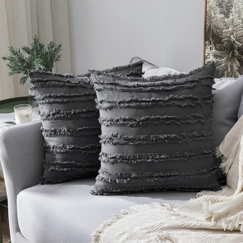 MIULEE Boho Linen Striped Throw Pillow Covers 16x16, Light Blue