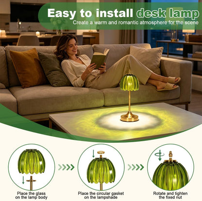 Glass Tulip Table Lamp, Cordless Rechargeable Desk Lamp - Green