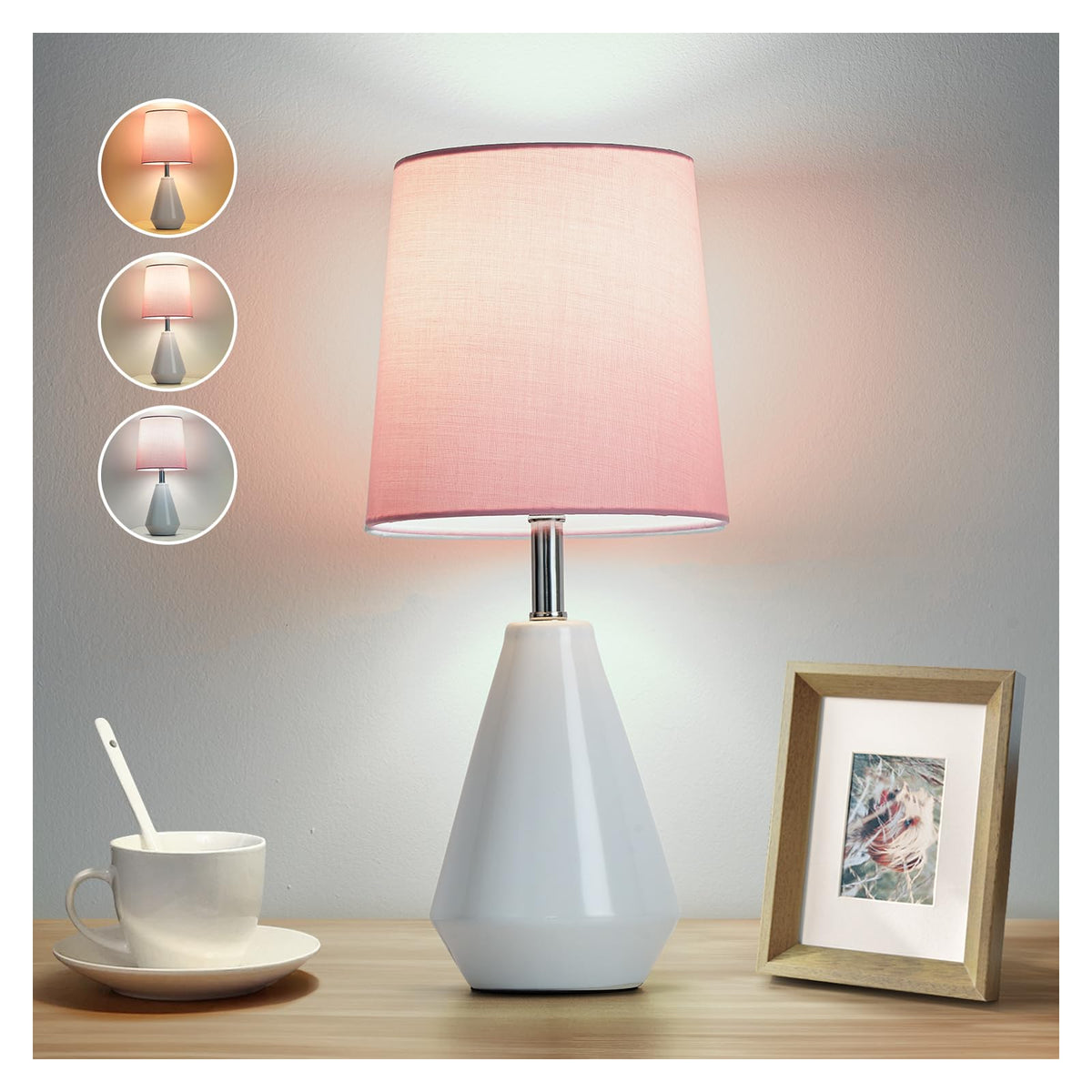 Small Bedside Table Lamp for Bedroom - Reading Desk Lamp with 3 Color Temperatures，15.5" Nightstand Ceramic Lamp with Fabric Shade for Kids Room,Living Room,Dorm,Home Office (White)