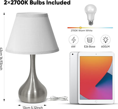 Touch Table Lamp for Bedroom Set of 2, 3-Way Dimmable Bedside Lamp for Nightstand, 17” Modern Metal Desk Lamp with Linen Shade for Living Room, Kids Reading, Dorm, Home Office Decor, Bulb Included