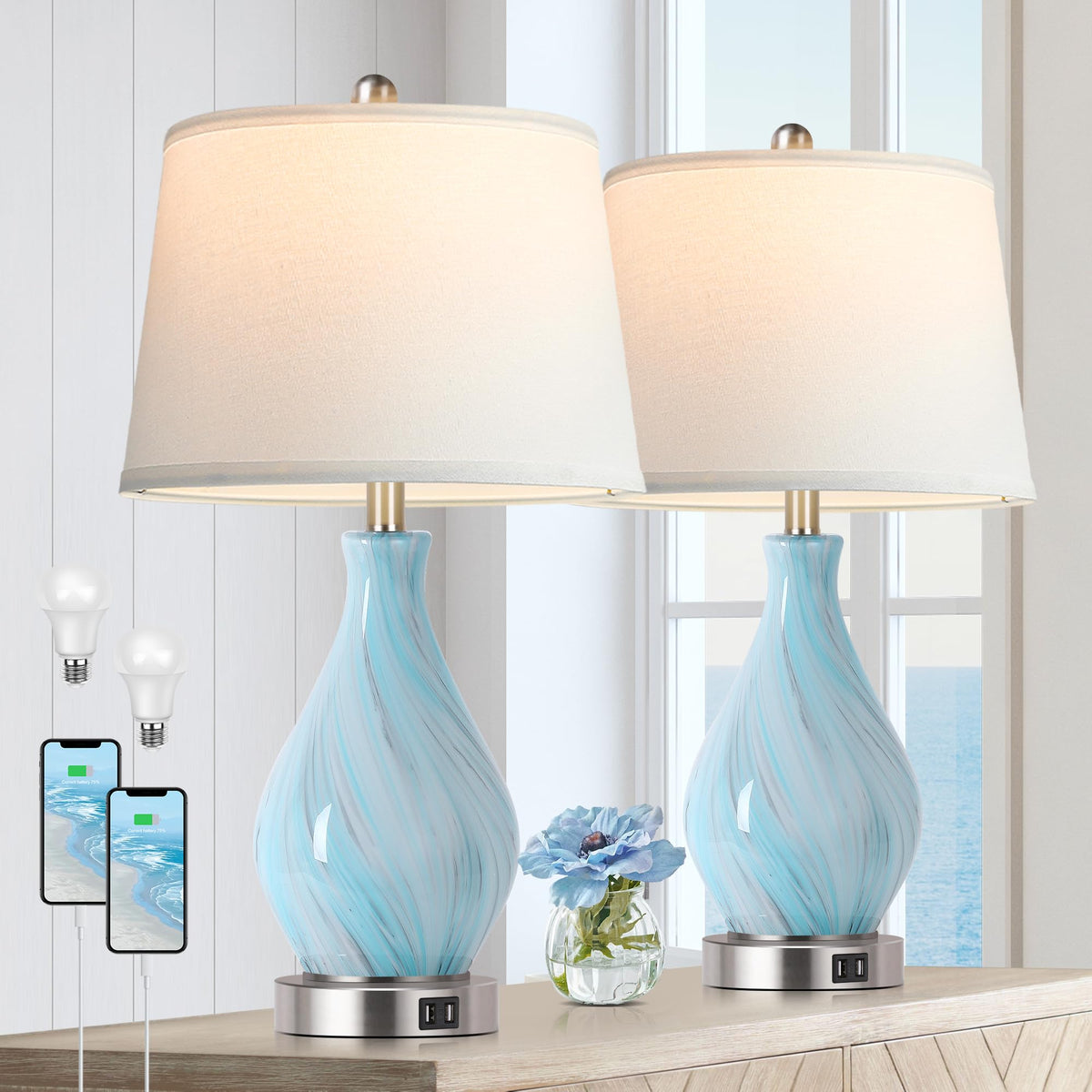 PARTPHONER Table Lamp Set of 2, Modern Ceramic Bedside Lamps for Night Stands, Classic Small Lamp Nightstand Lamp for Bedroom Living Room Desk End Table Rocker Swtich White