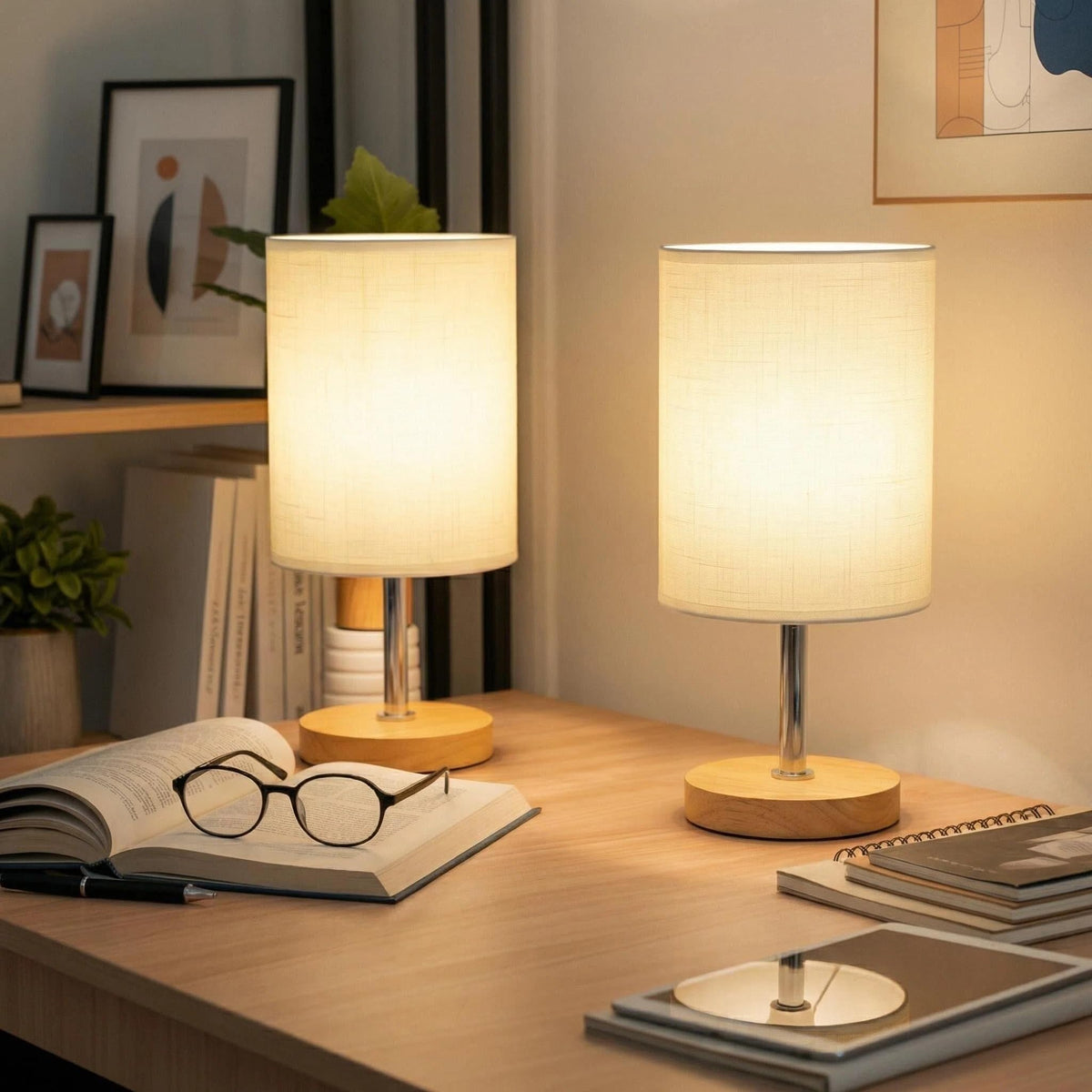 Small Table Lamp for Bedroom, Bedside Lamp with 3000K Warm LED Bulb Included, Nightstand Lamp for Living Room Office Dorm Kids Room, Easy Assemble Minimalist Cream Shade & Wood Base(5W)