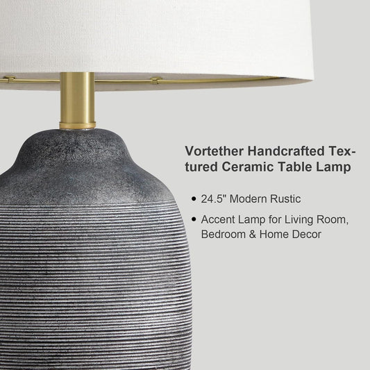 24.5" Vintage Ceramic Table Lamp Single-Rustic Boho Accent Nightstand Lamps for Bedroom, Living Room, Entryway-Small Textured Bedside Lamps, Modern Farmhouse Table Lamps for Home Decor Gray