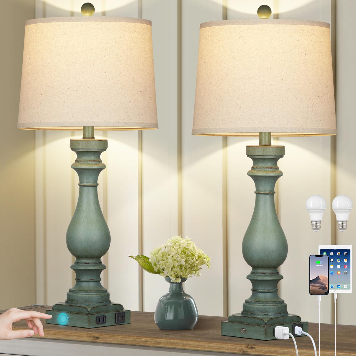 Cinkeda 29" Tall Table Lamp for Living Room Set of 2,Farmhouse Nightstand Bedside Lamps with USB C+A Ports & AC Outlet,3-Way Dimmable Touch Control Desk Lamp for Bedroom,Color 1