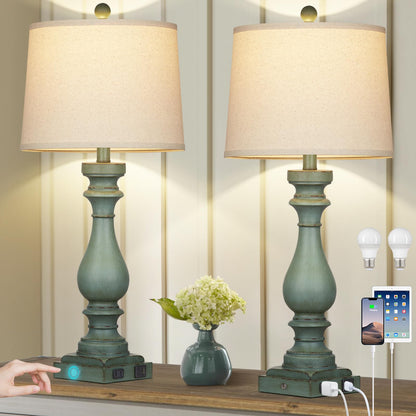 Cinkeda 29" Tall Table Lamp for Living Room Set of 2,Farmhouse Nightstand Bedside Lamps with USB C+A Ports & AC Outlet,3-Way Dimmable Touch Control Desk Lamp for Bedroom,Color 1