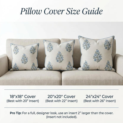 Jillien Harbor “The Camille” Floral Block Print Pillow Cover – Soft Blue and White Decorative Throw Pillow Cover – Grandmillennial Home Decor, 20" x 20"