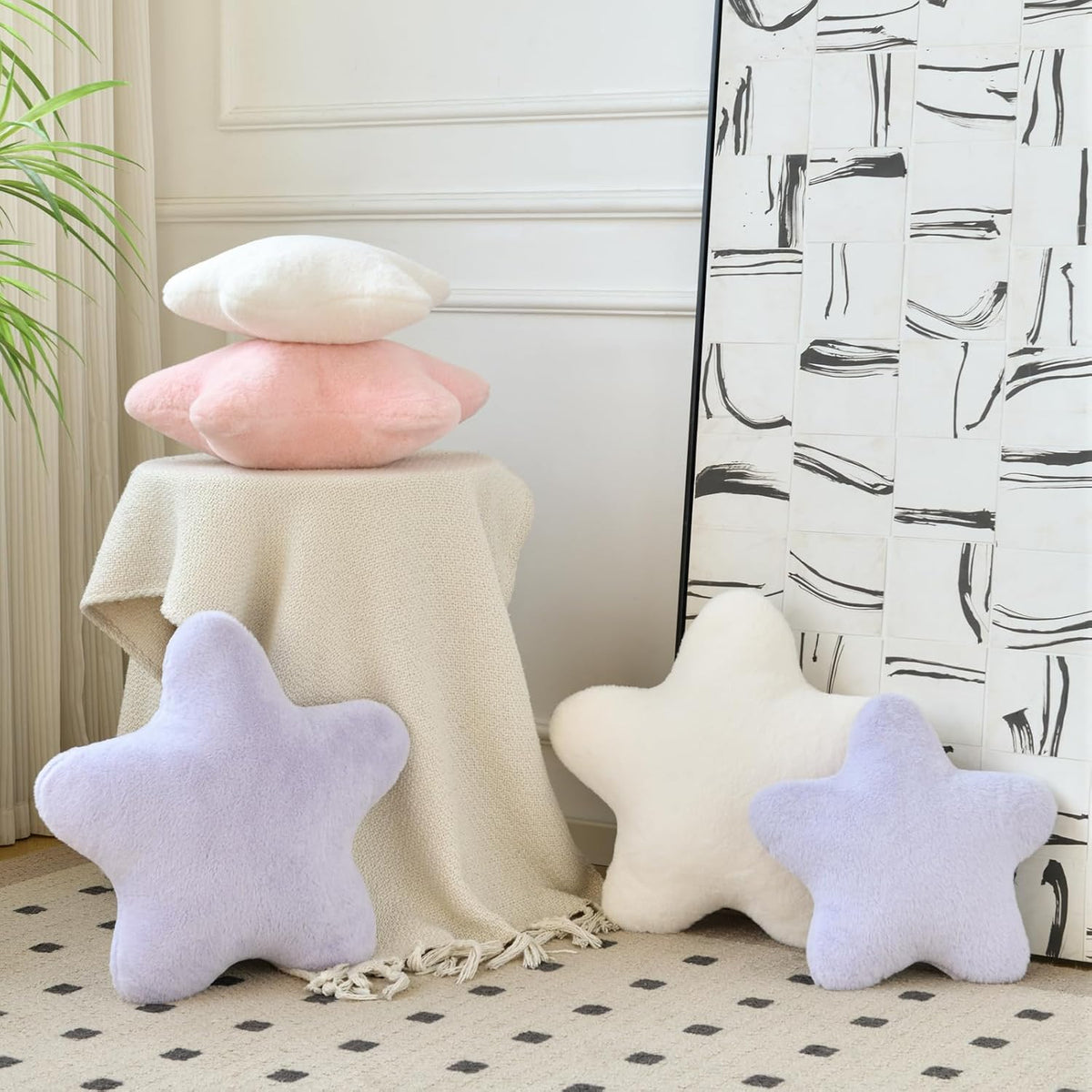 Star Pillow, Decorative Throw Pillows for Bed Couch, 15" Star Shaped Pillow Plush Floor Cushions Room Decor Pillow with Soft Faux Rabbit Fur for Sofa Bedroom Living Room