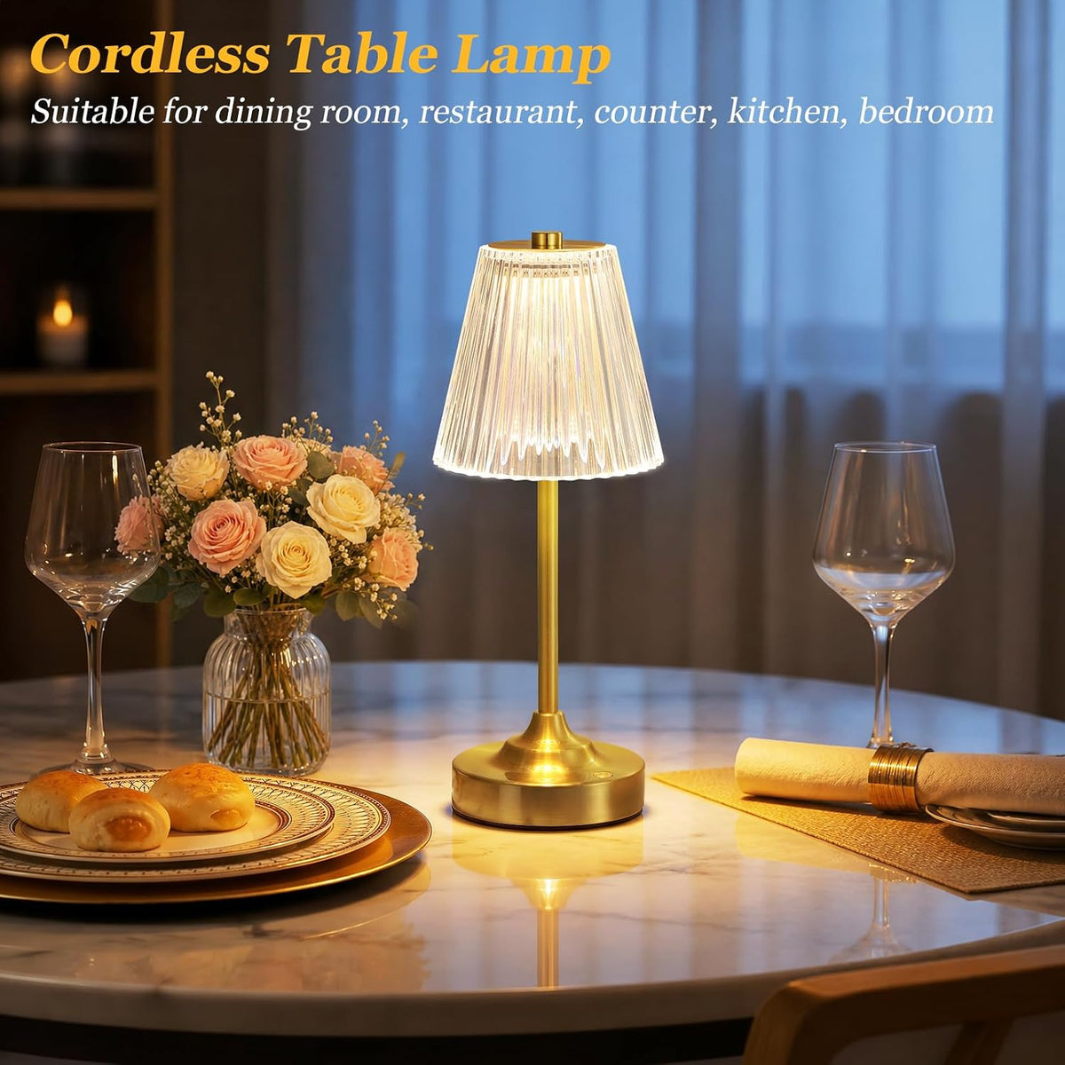 Gold Cordless Rechargeable Table Lamp, Battery Operated, Crystal, Small