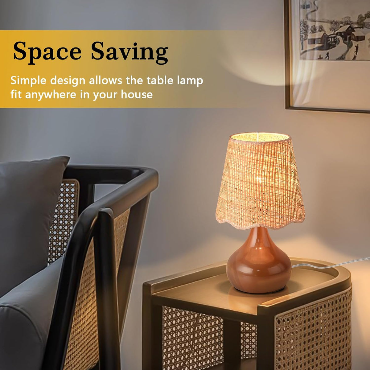 Ziqqeelam Brown Small Bedside Table Lamp for Bedroom, Farmhouse Bedroom Lamps for Nightstand, Rattan Lamp Shade Table Lamps for Small Spaces for Kitchen Counter, Home Office, Living Room, Kids Dorm