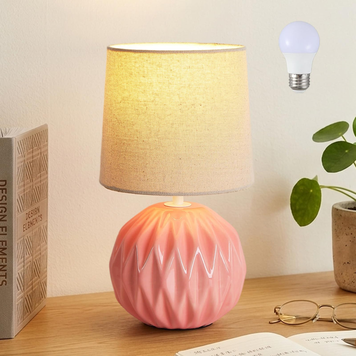 Pink Ceramic Table Lamp with Linen Shade, Small Bedside Lamp for Bedroom
