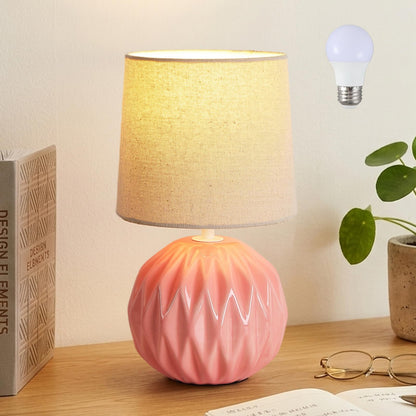 Pink Ceramic Table Lamp with Linen Shade, Small Bedside Lamp for Bedroom