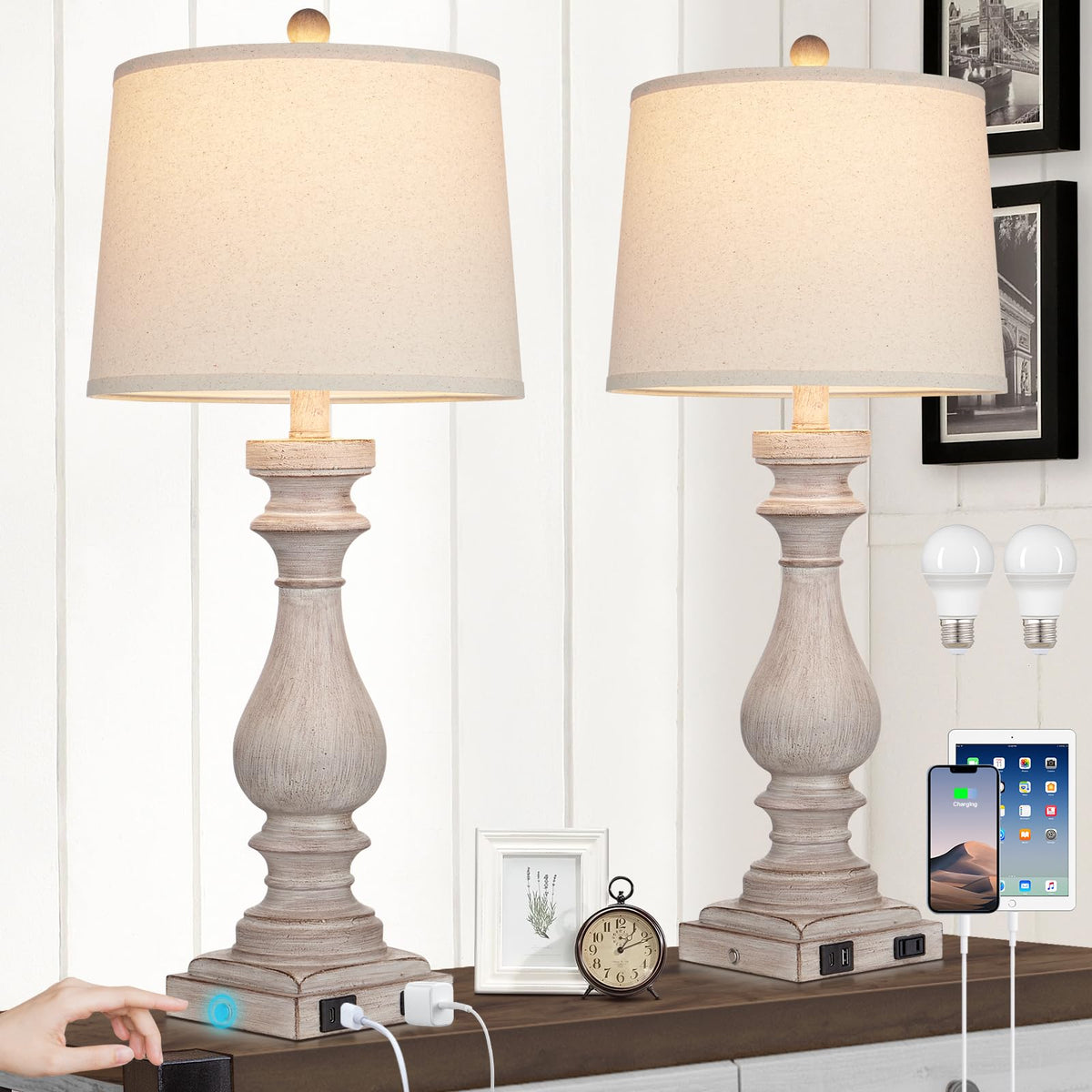 Cinkeda 29" Tall Table Lamp for Living Room Set of 2,Farmhouse Nightstand Bedside Lamps with USB C+A Ports & AC Outlet,3-Way Dimmable Touch Control Desk Lamp for Bedroom,Color 1