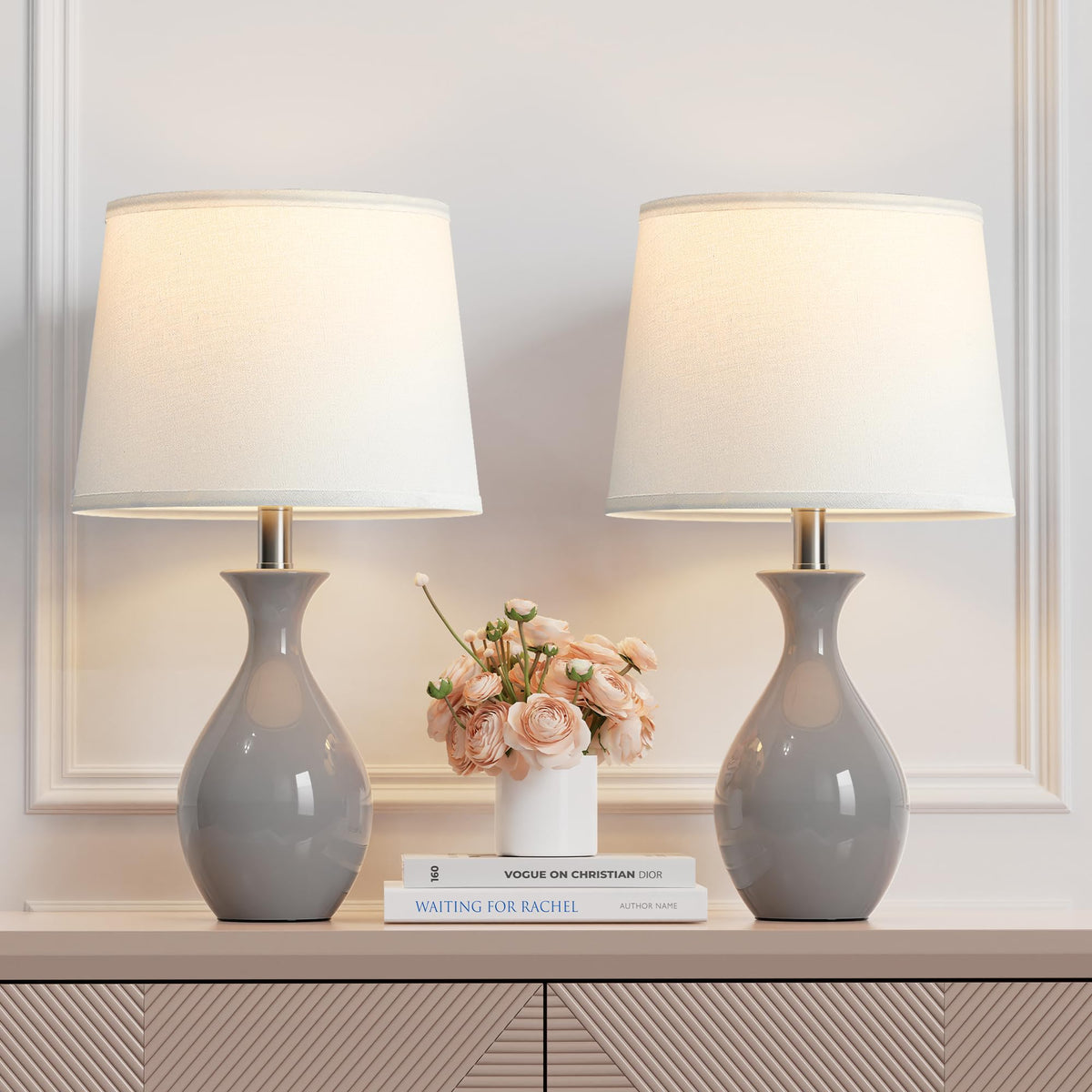 PARTPHONER Table Lamp Set of 2, Modern Ceramic Bedside Lamps for Night Stands, Classic Small Lamp Nightstand Lamp for Bedroom Living Room Desk End Table Rocker Swtich White