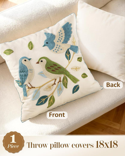 Animal Embroidered Throw Pillow Cover 18x18 Inch, Floral Birds