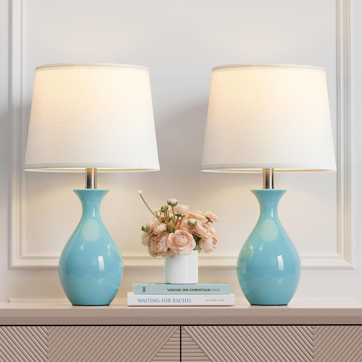 PARTPHONER Table Lamp Set of 2, Modern Ceramic Bedside Lamps for Night Stands, Classic Small Lamp Nightstand Lamp for Bedroom Living Room Desk End Table Rocker Swtich White