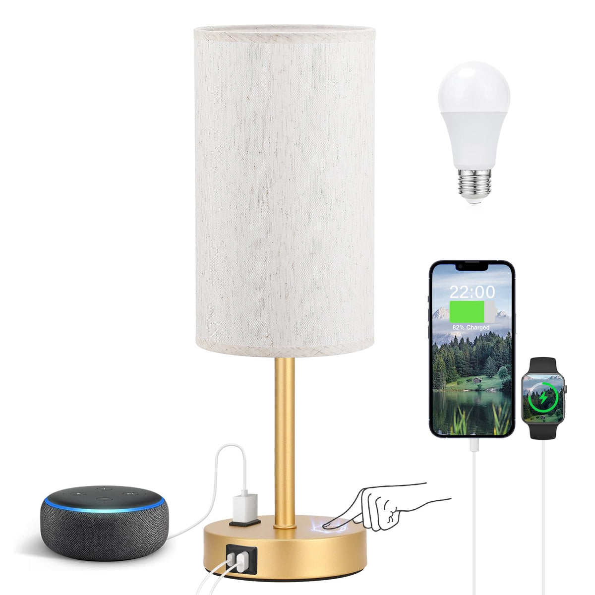 Fenmzee Bedside Table Lamp for Bedroom - Dimmable Touch, USB A+C, AC Outlet