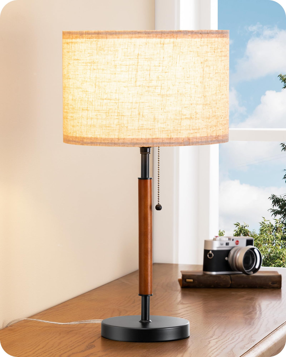 EDISHINE Mid Century Table Lamp, Pull Chain Switch, Bedroom, Living Room