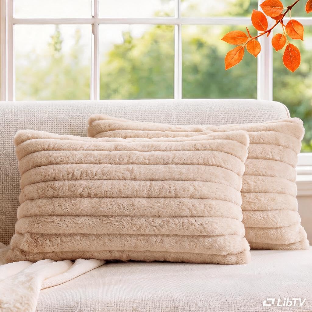 Set of 2 Decorative Throw Pillow Covers 18x18, Faux Fur Cream White