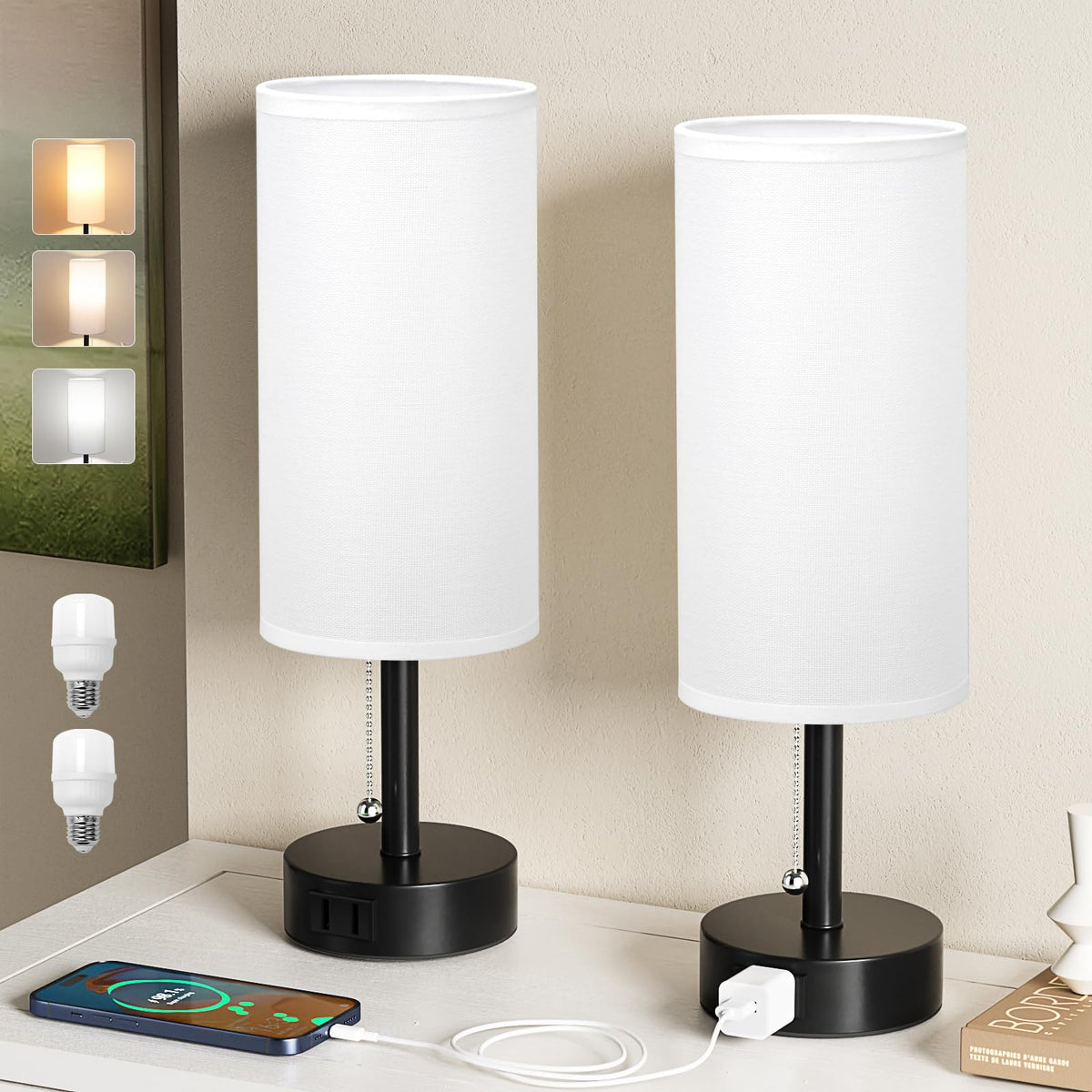 Fenmzee Bedside Table Lamps Set of 2 - Small Nightstand Lamp for Bedroom