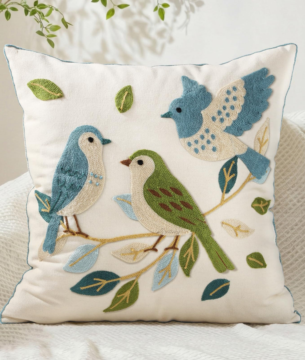 Animal Embroidered Throw Pillow Cover 18x18 Inch, Floral Birds