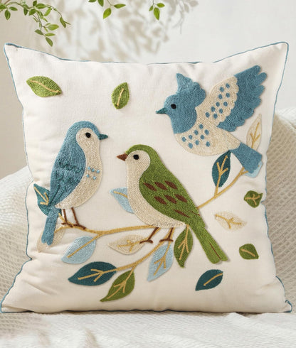 Animal Embroidered Throw Pillow Cover 18x18 Inch, Floral Birds