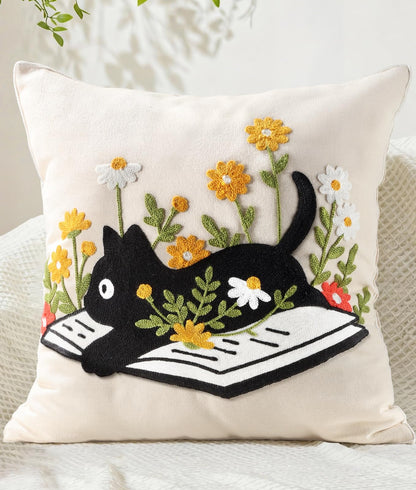 Animal Embroidered Throw Pillow Cover 18x18 Inch, Floral Birds