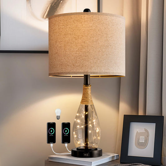 OYEARS Bedside Table Lamp with USB, 23‘’ Black Modern Nightstand Lamps for Bedroom, Retro Rattan Table Lamps for Night Stands, Living Room, Farmhouse Table Lamp with Glass Nightlight Lamps