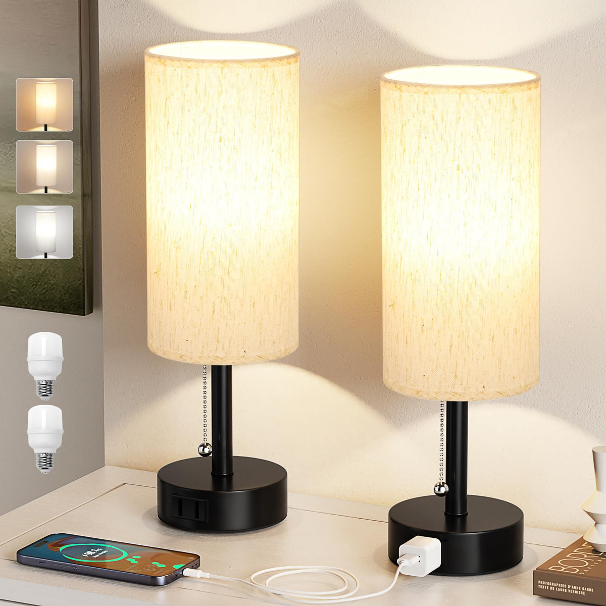 Fenmzee Bedside Table Lamps Set of 2 - Small Nightstand Lamp for Bedroom