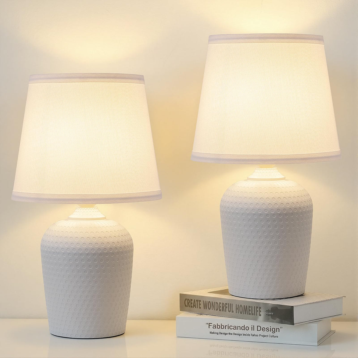 11.8’’ Small Table Lamps Set of 2 for Bedroom Kid’s Room, Beige & White