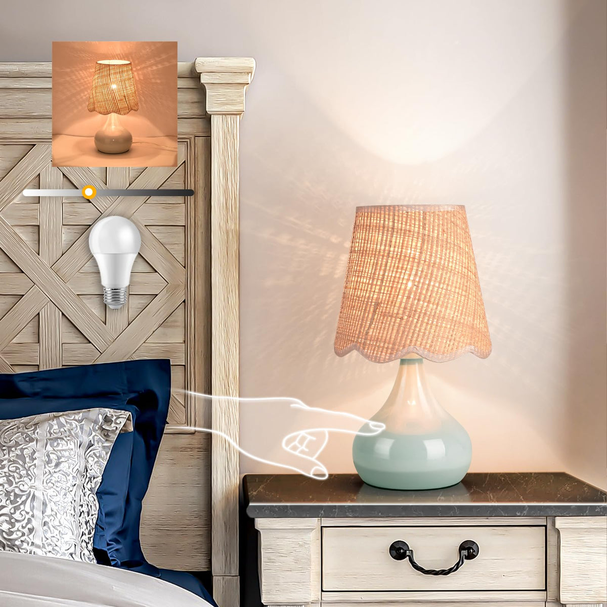 Ziqqeelam Brown Small Bedside Table Lamp for Bedroom, Farmhouse Bedroom Lamps for Nightstand, Rattan Lamp Shade Table Lamps for Small Spaces for Kitchen Counter, Home Office, Living Room, Kids Dorm