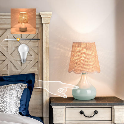 Ziqqeelam Brown Small Bedside Table Lamp for Bedroom, Farmhouse Bedroom Lamps for Nightstand, Rattan Lamp Shade Table Lamps for Small Spaces for Kitchen Counter, Home Office, Living Room, Kids Dorm