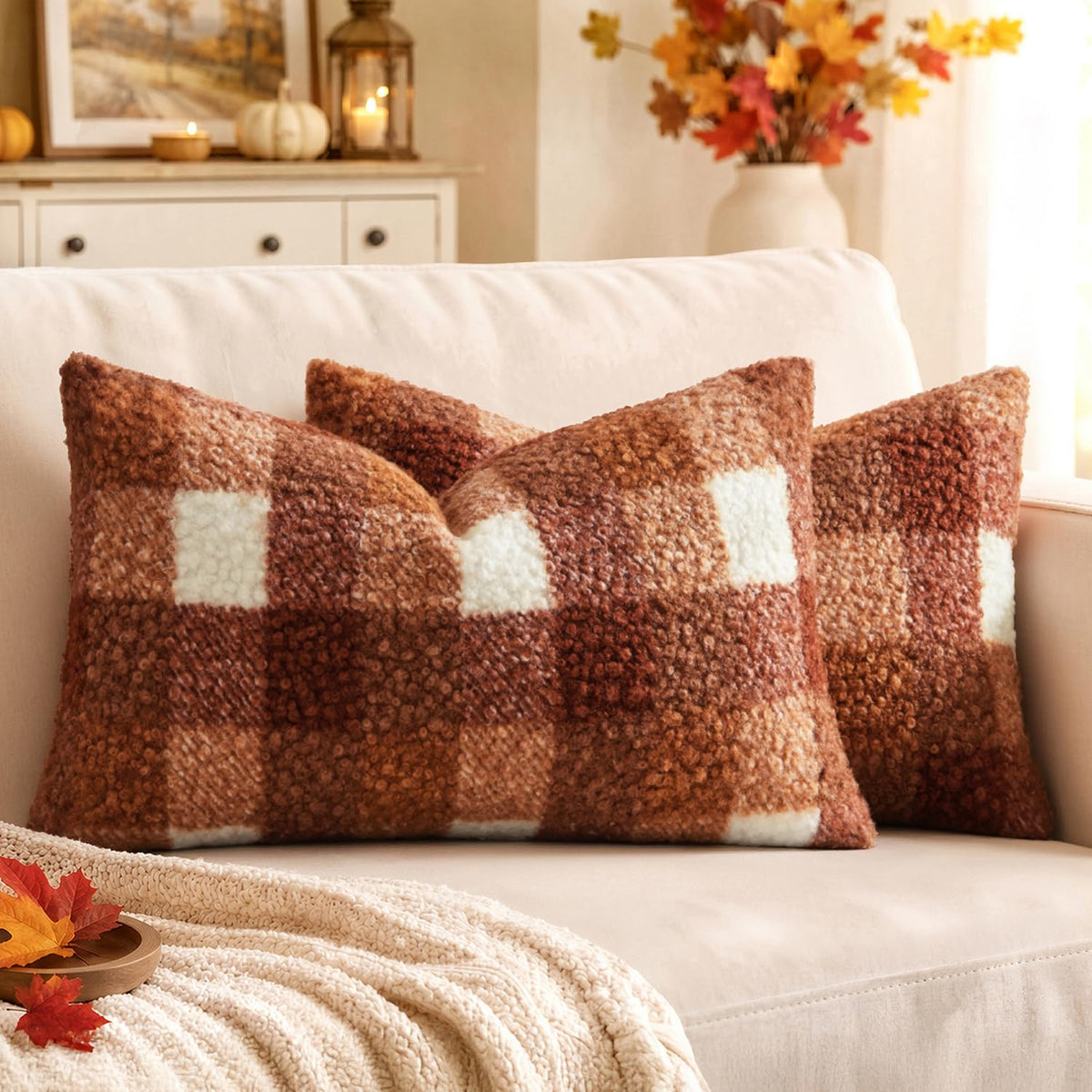 MIULEE Fall Plaid Pillow Covers Boucle Orange 18x18 Set of 2