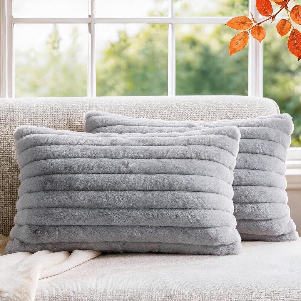 Set of 2 Decorative Throw Pillow Covers 18x18, Faux Fur Cream White