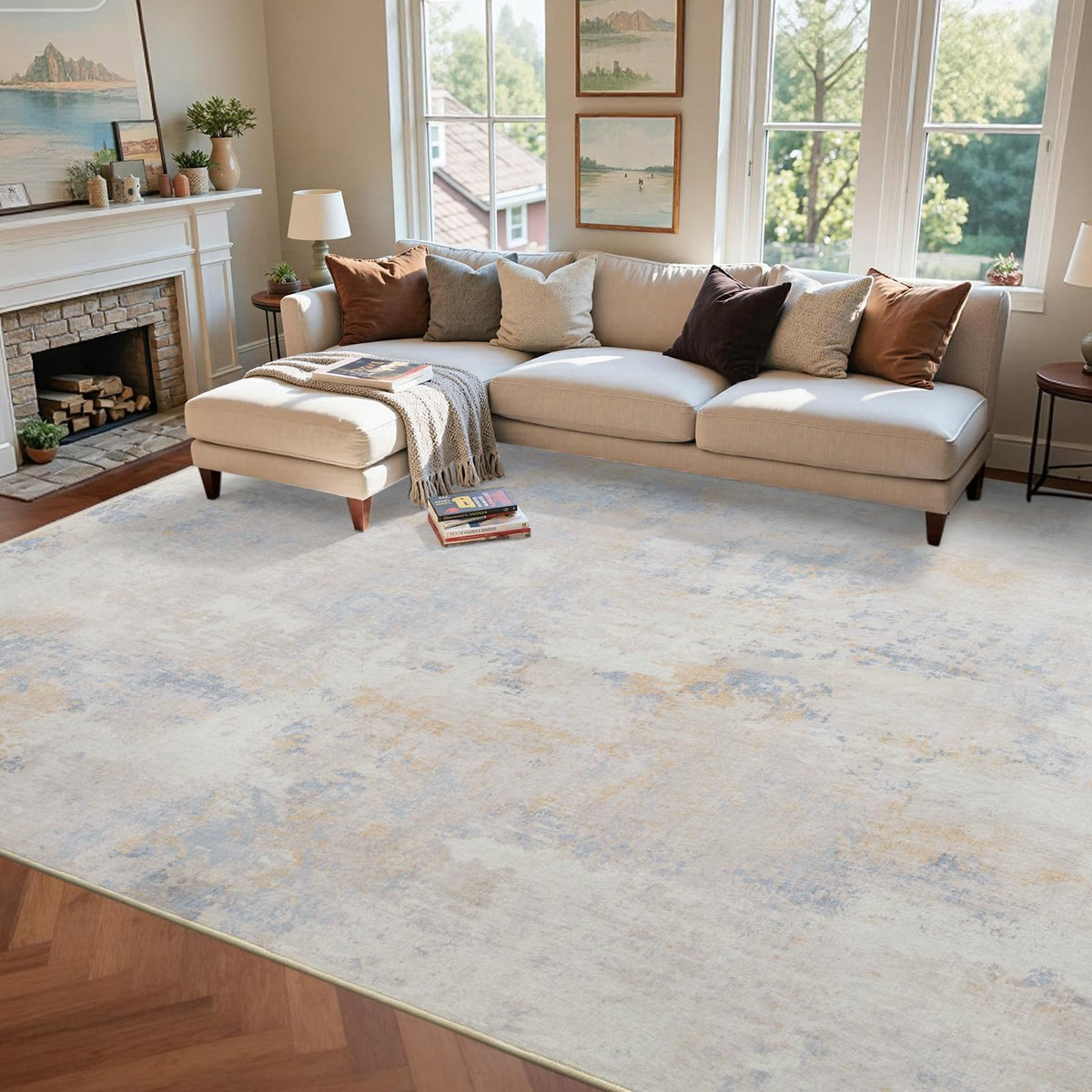 6x9 Ft Abstract Washable Area Rugs for Living Room Blue