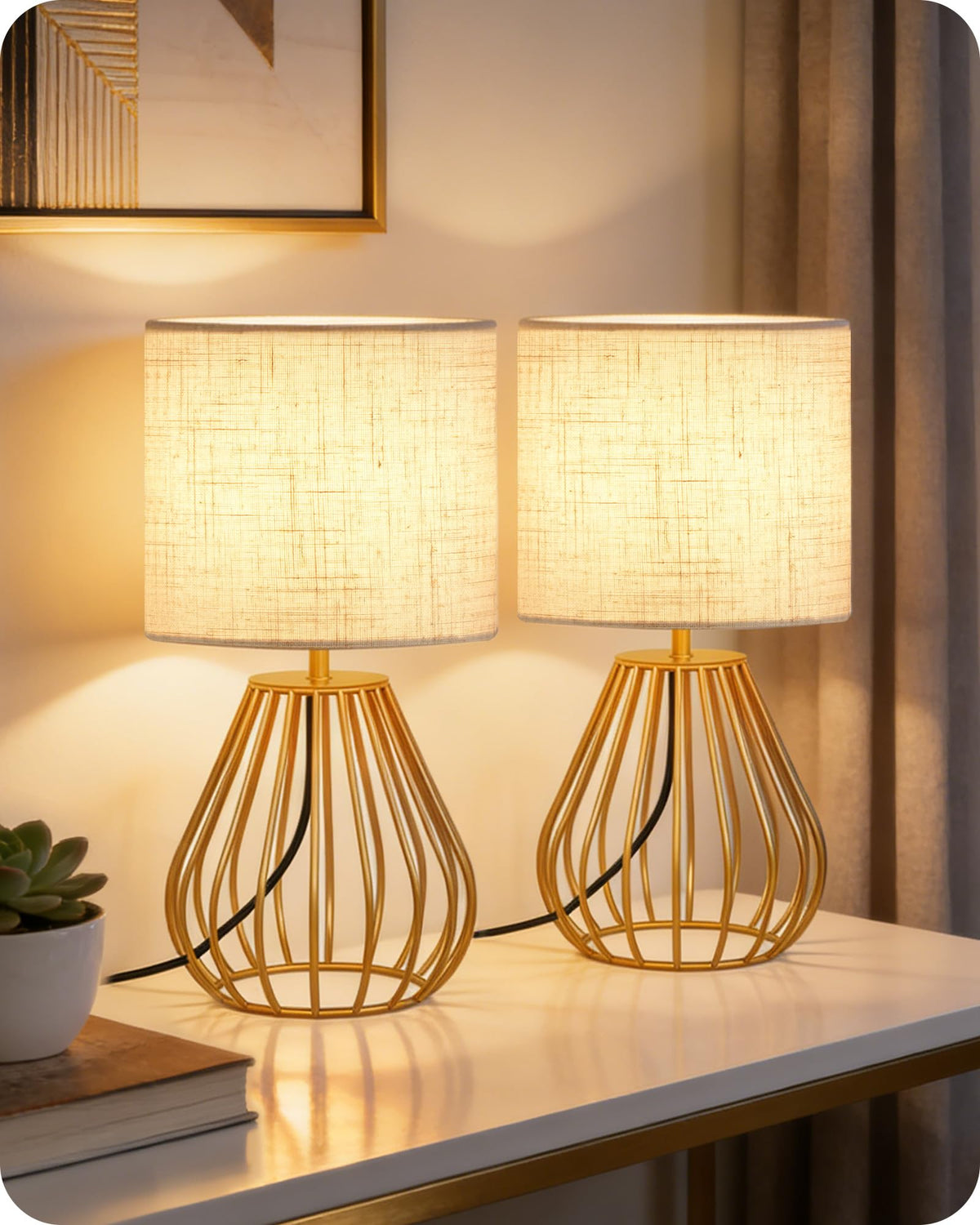 Gold Table Lamp, 12.6 Inch Small Bedside Lamp with 2700K LED Bulb
