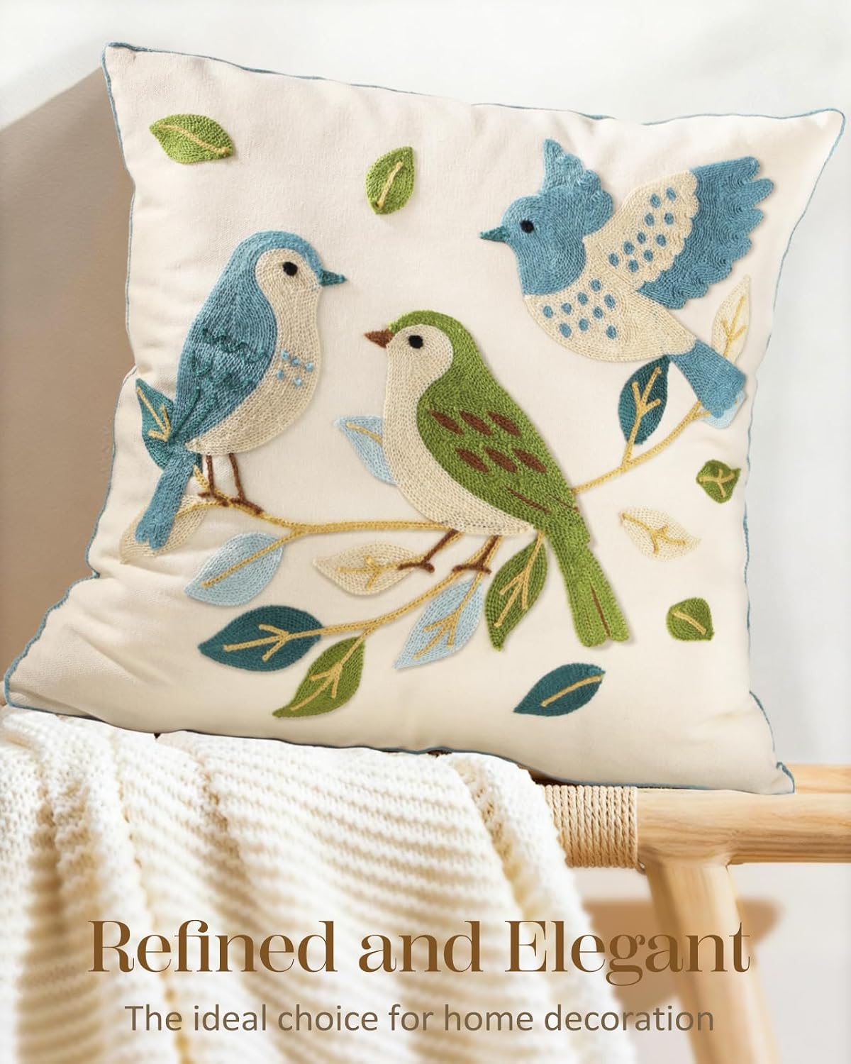 Animal Embroidered Throw Pillow Cover 18x18 Inch, Floral Birds