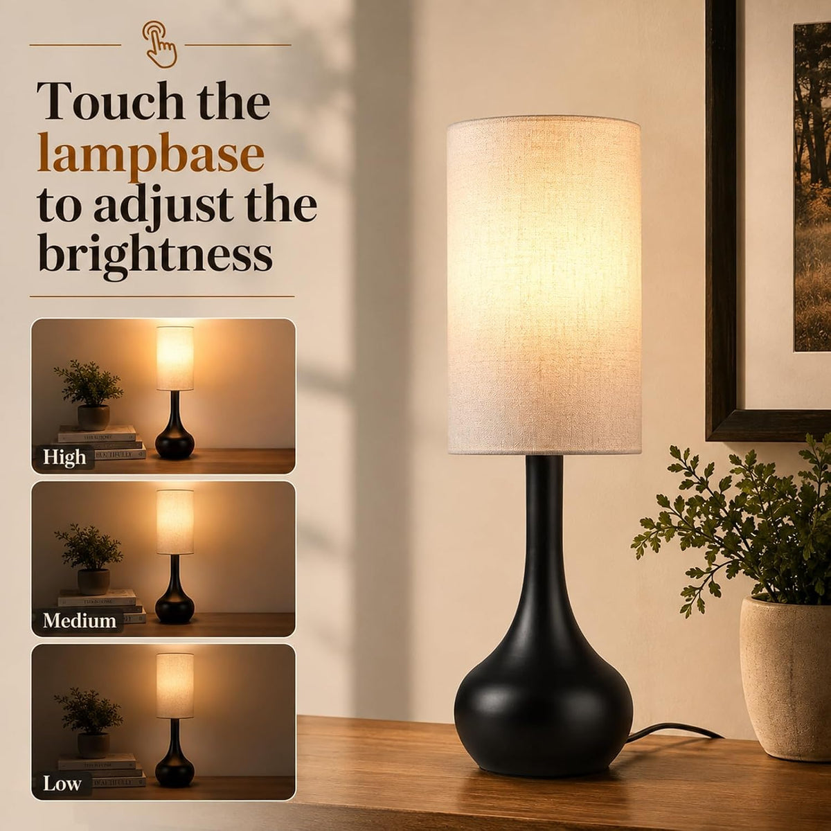 17" Touch Lamp for Nightstand,3-Way Dimmable Bedside Lamp