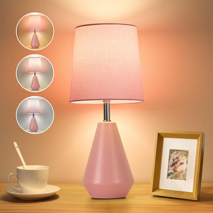 Small Bedside Table Lamp for Bedroom - Reading Desk Lamp with 3 Color Temperatures，15.5" Nightstand Ceramic Lamp with Fabric Shade for Kids Room,Living Room,Dorm,Home Office (White)