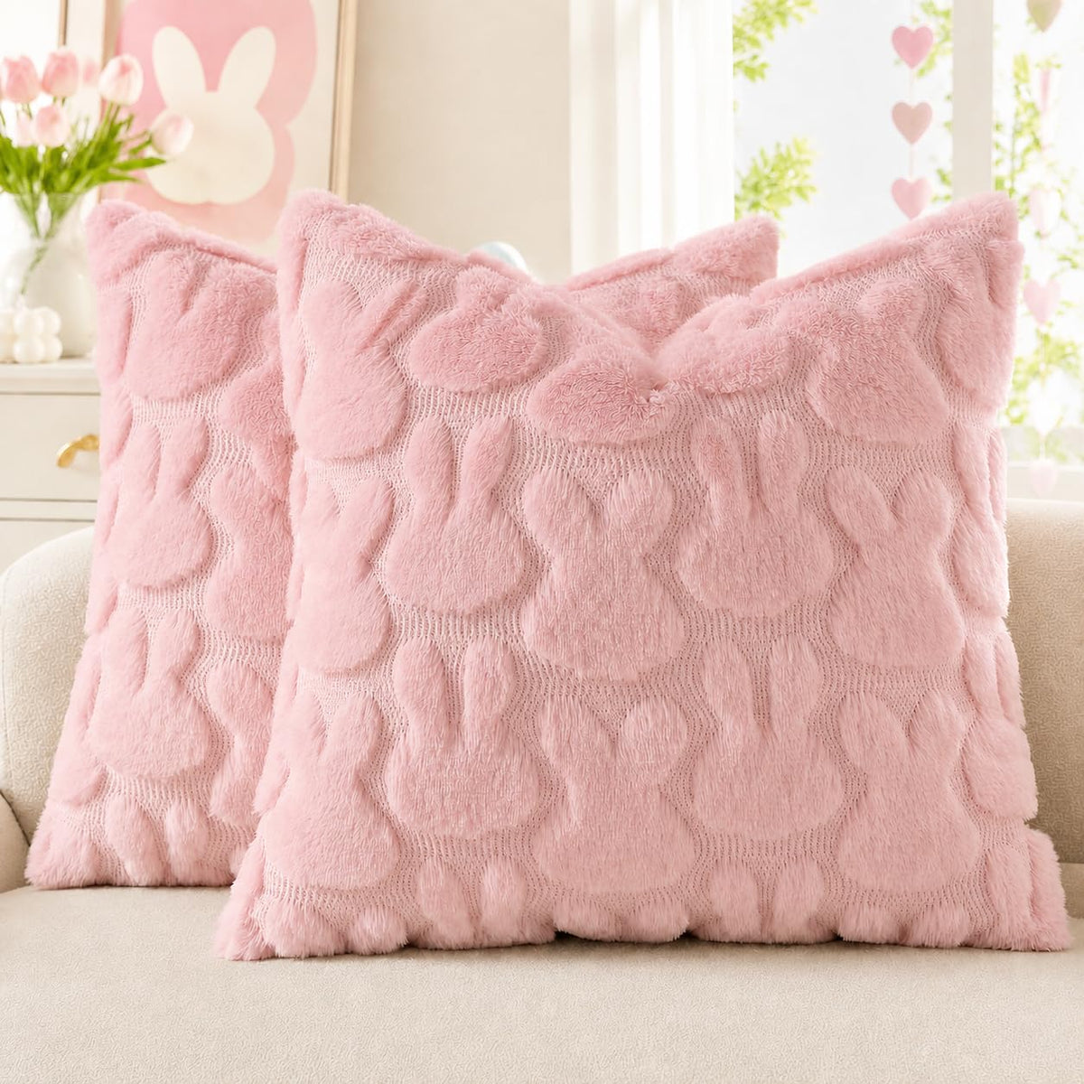 decorUhome Faux Fur Plush Soft Beige Throw Pillow Covers 18x18 Set of 2