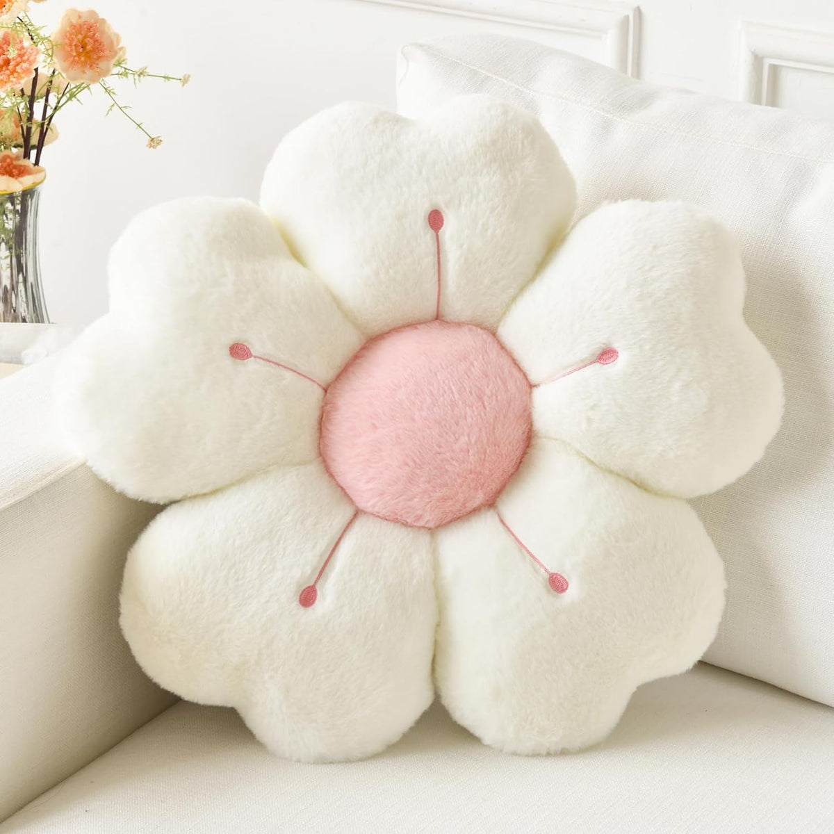 Flower Pillow, Cute Daisy Decorative Throw Pillows, White, 15 Inches