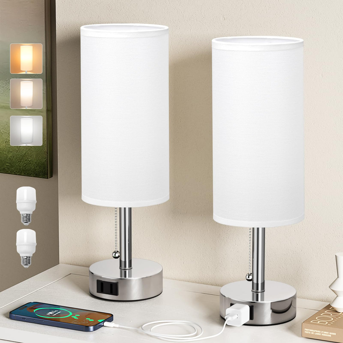 Fenmzee Bedside Table Lamps Set of 2 - Small Nightstand Lamp for Bedroom