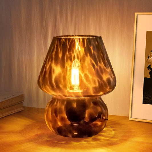 ONEWISH Mushroom Lamp Small Vintage Table Lamp for Bedroom Nightstand, Bedside Lamp Translucent Glass Stepless Dimmable, Murano Aesthetic Home Decor for Living Room Kitchen(Black)